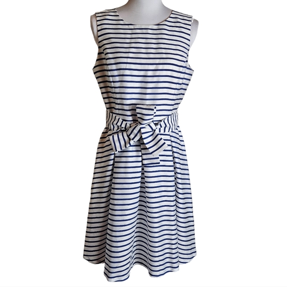 Nine West Dresses & Skirts - Nine West White Blue Striped Pleated Dress Sz 6 Fit Flare Belted Nautical Preppy